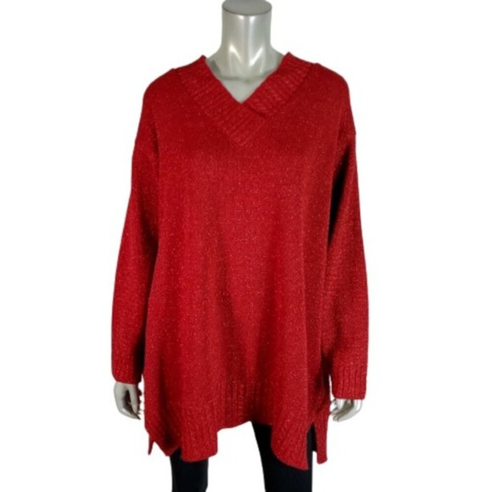 Diane Von Furstenberg Sweater Plus‎ Size 2X V-Neck Pullover Metallic Red Vintage